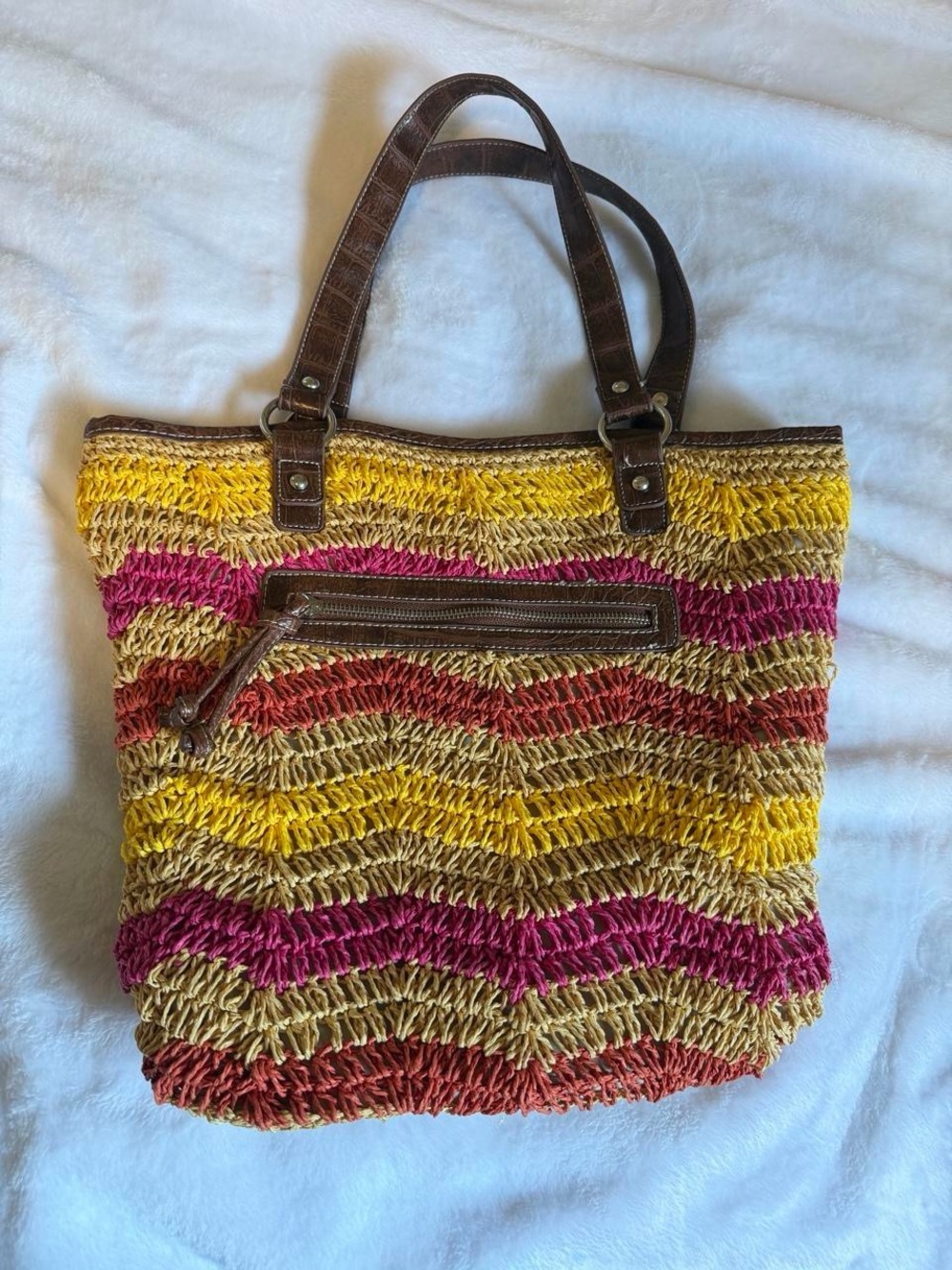 Merona Multicolor Woven Straw Tote with Brown Handles
